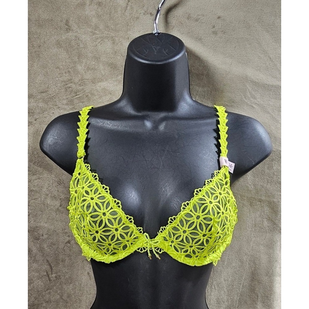 Victoria's Secret Wicked Unlined Uplift Bra Neon Lime Green Floral Lace 34C
